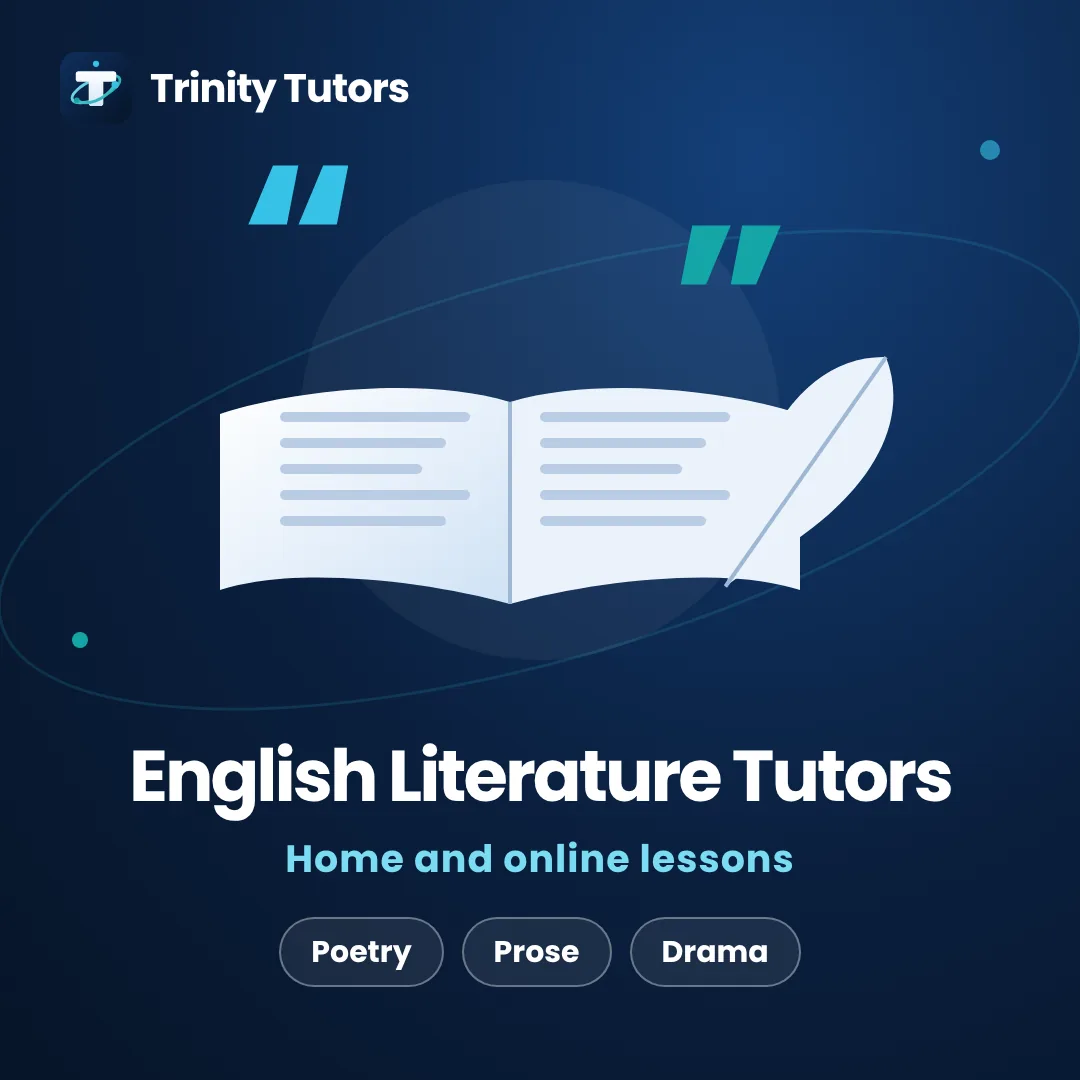 English Literature tutoring: open book, quill and quotation marks
