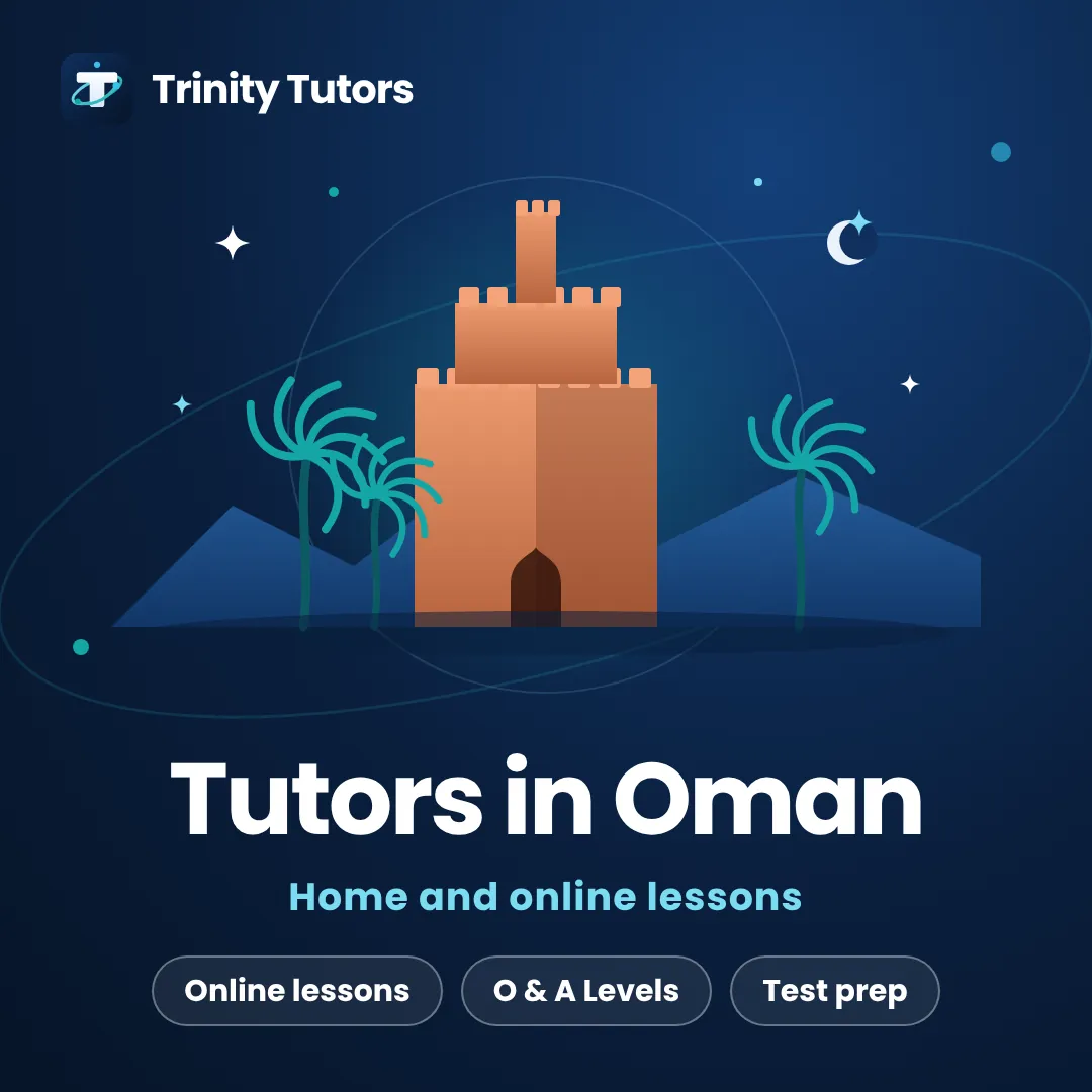 Online tutors for students in Oman: Nizwa-style fort with palms and mountains